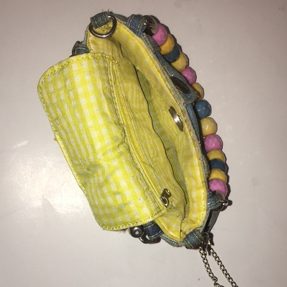 Preowned denim purse with beaded handles and peace patches. - Picture 7 of 7